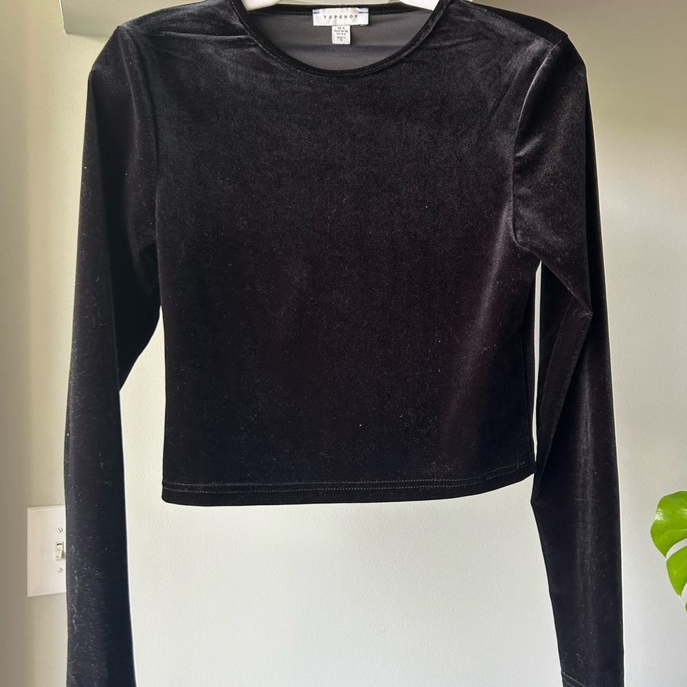 Topshop Black Velvet Long Sleeve Blouse